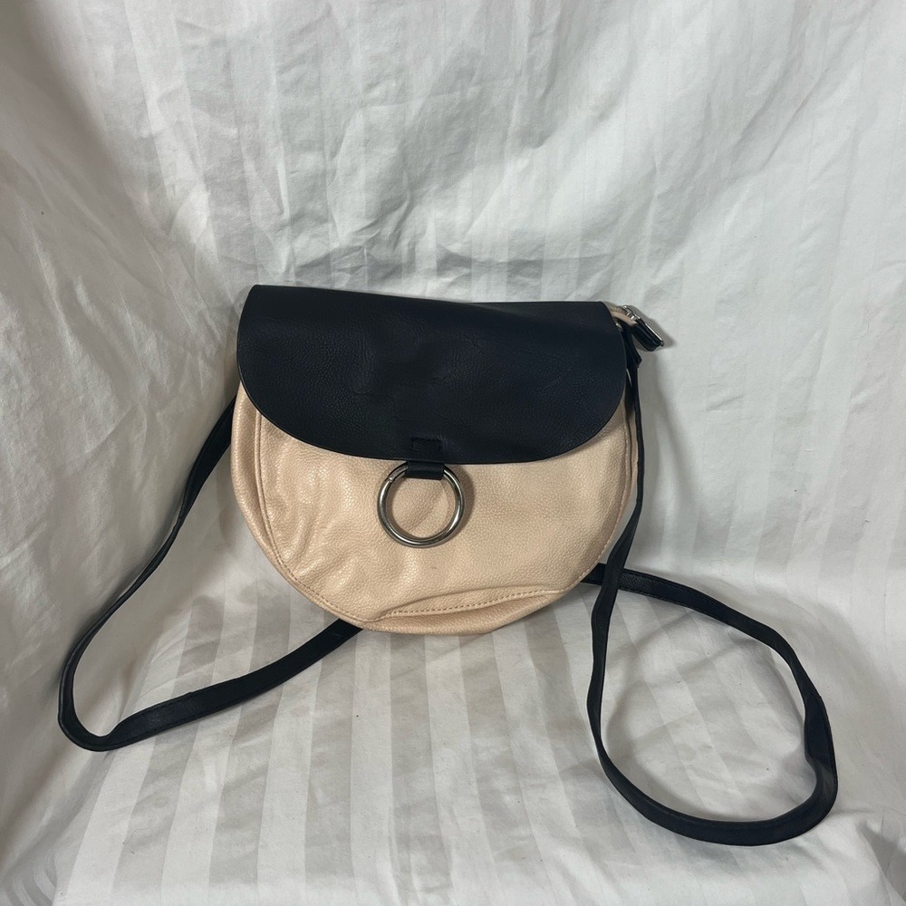 Two Tone Black and Cream Faux Leather Ring Detail Crossbody Saddle Bag